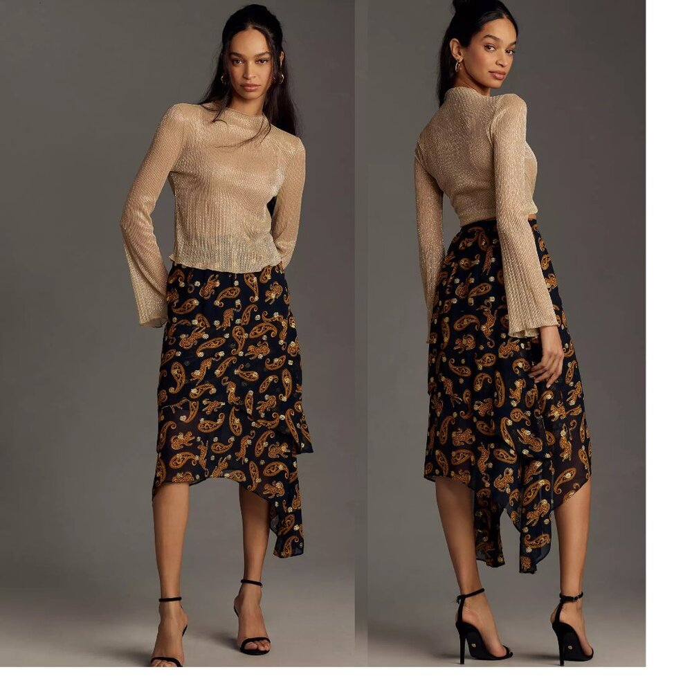 Anthropologie Farm Rio Asymmetrical Tiered Midi Skirt size S blue color